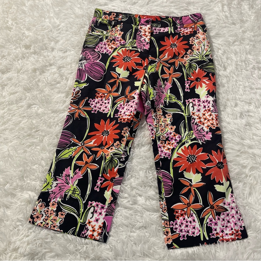 Lilly Pulitzer Girls Cropped Pants Size 12 Black Pink Floral Pockets Cotton
